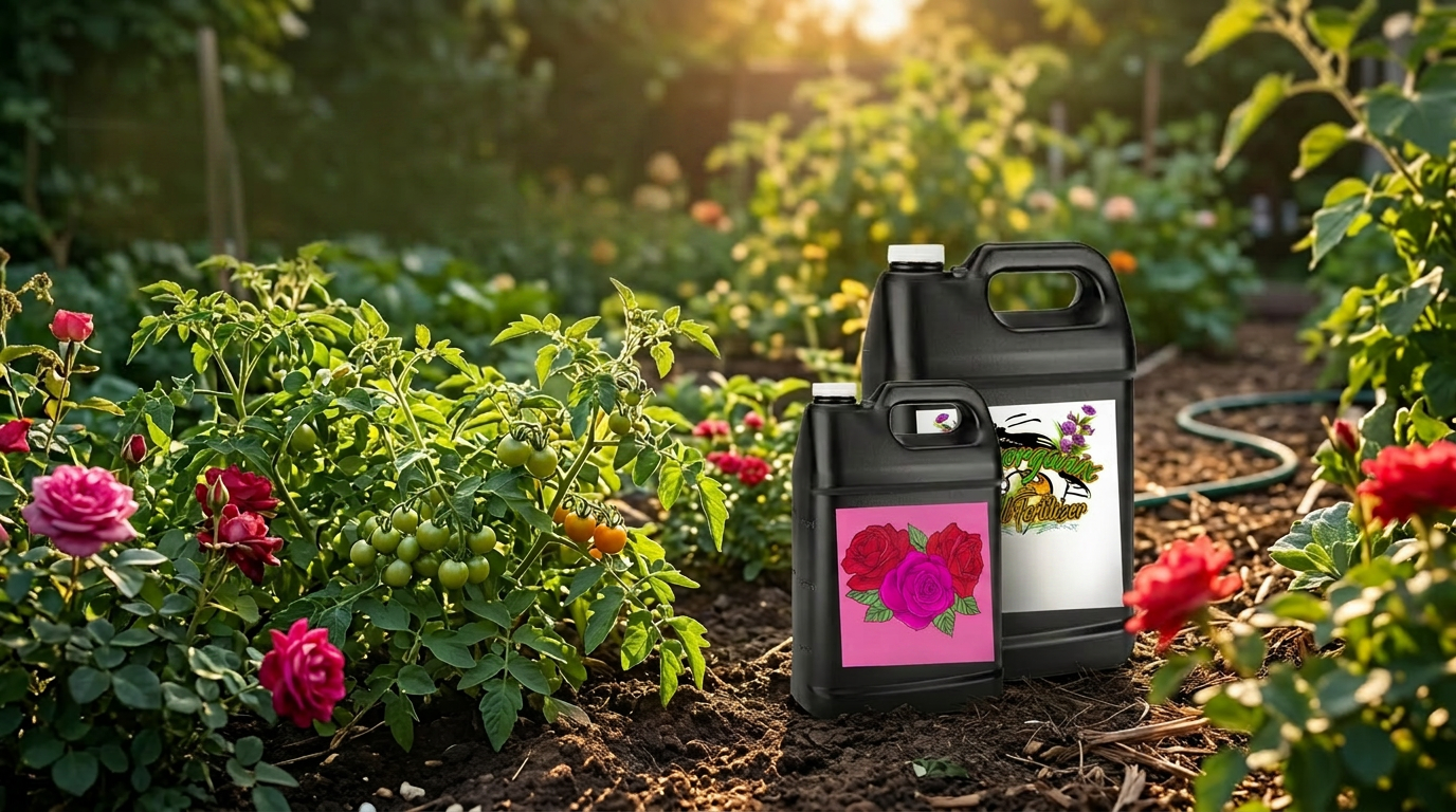 Cannorganix Original and Radiant Roses organic fertilizer bottles in a thriving garden with tomatoes and roses