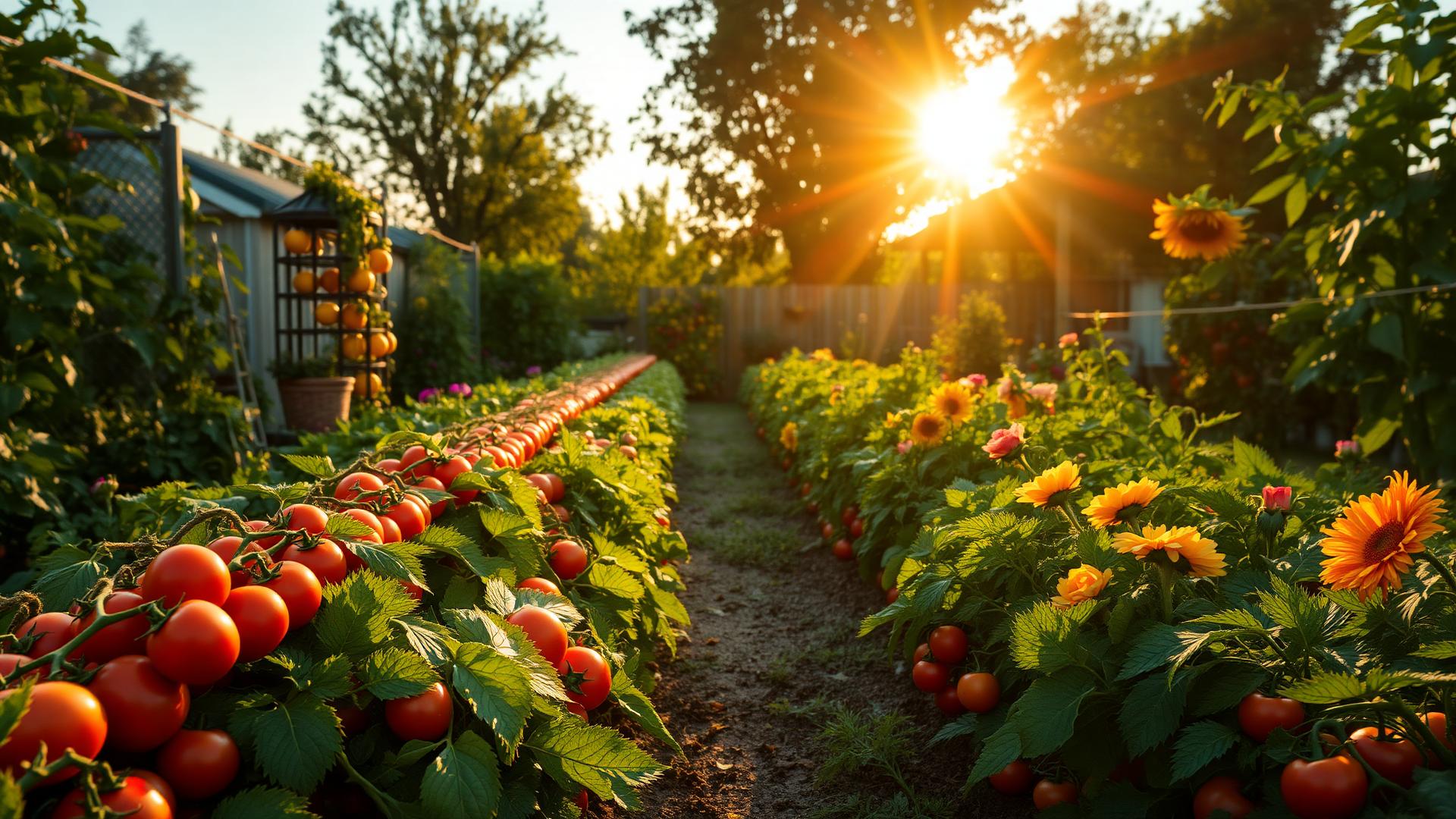 Lush organic garden glowing at sunrise